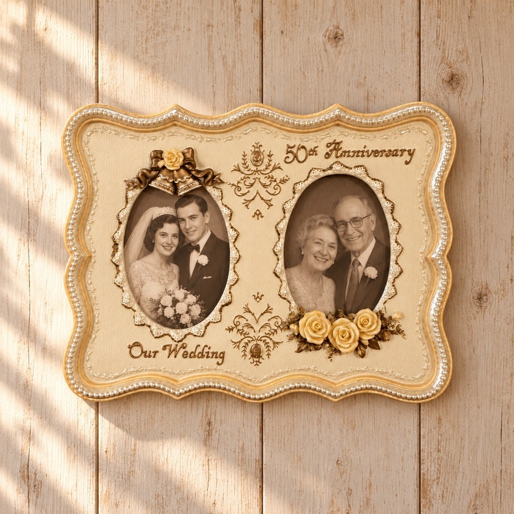 Vintage 50th Anniversary Our Wedding Double Picture Frame Cream Gold 10.5x8